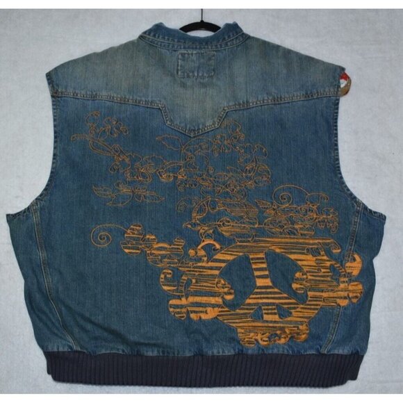 Indigo Red Denim Men's Vest Size 3XL Blue Sherpa Lined Embroidered Cotton Peace - Picture 12 of 16